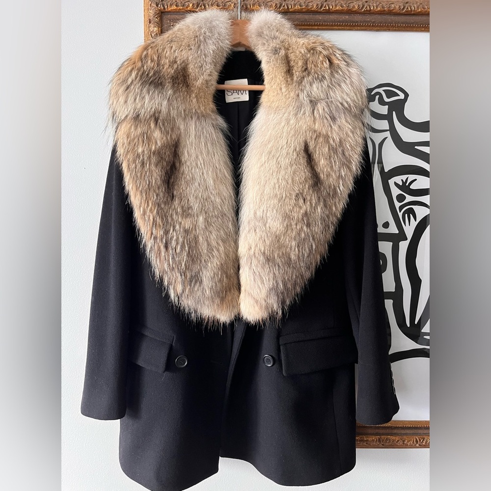 NWOT Black Pea Coat with REAL Fur Collar by SAM New York